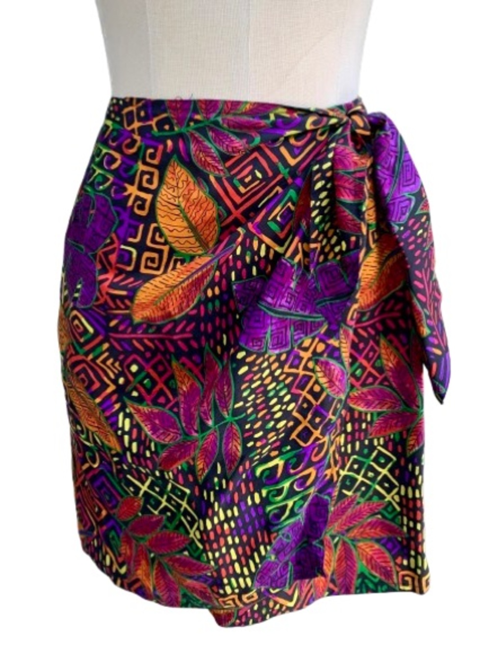 Vintage 100% Silk Wrap Tropical Side Tie Waist Colorful Multicolor Mini Skirt